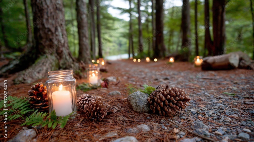 Poster lit candles surrounded by pine cones and green ferns in a forest setting at dusk.