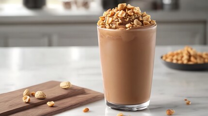 A creamy chocolate peanut butter smoothie, topped with crushed peanuts, in a health-focused setting with space for text