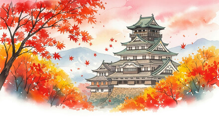 Obraz premium Autumnal Japanese castle scene with vibrant fall foliage and mountains.