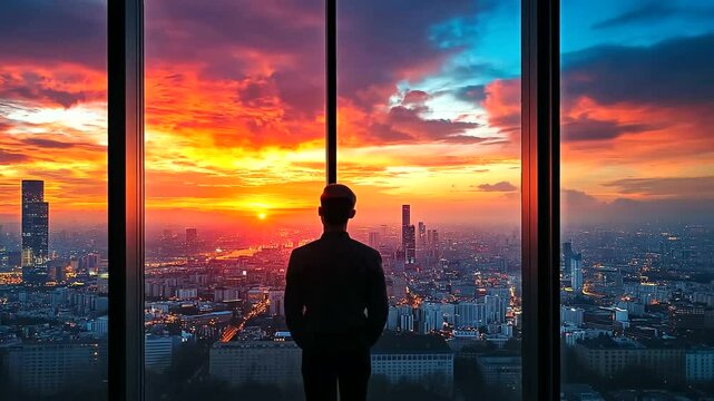 Contemplative Businessman Gazing at a Vibrant Cityscape Sunset from a High-Rise Office