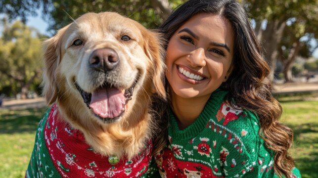 Smiling woman in green sweater holding her dog in a leafy park during daytime. - Powered by Adobe