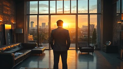Contemplative Businessman Gazing at City Sunset in Luxurious Apartment Ambience