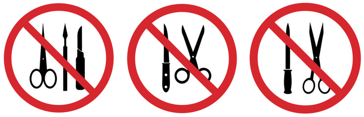 Set of prohibitory signs indicating the use of piercing and cutting objects in this area is prohibited