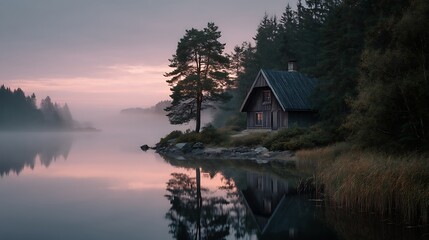 Cottage by lake at sunrise