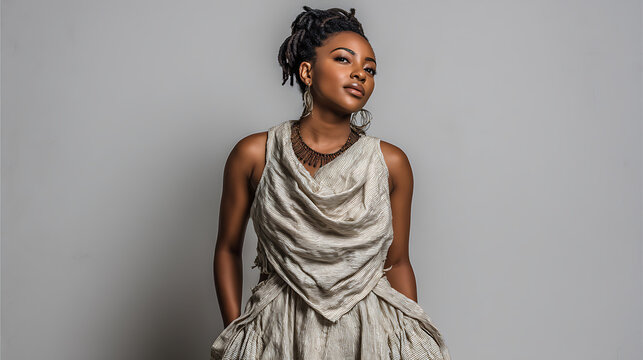 The woman poses with grace and elegance, showcasing her unique style and natural beauty in a studio portrait.