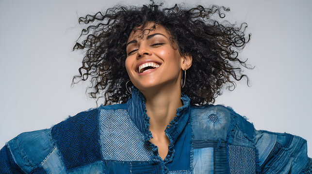 A happy woman with curly hair is smiling, wearing an indigo patchwork jacket.