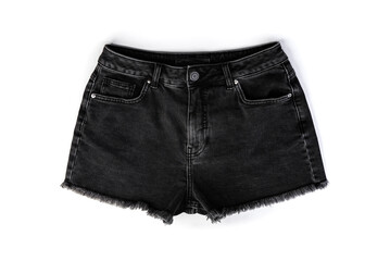 Black denim shorts isolated on white background.