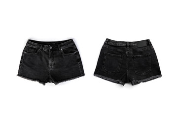 Black denim shorts isolated on white background.