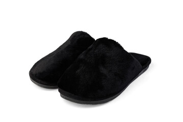 Black house slippers isolated on white background.