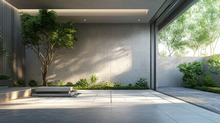 Modern patio with minimalist design and green plants. Useful for articles about architecture and interior design, as well as for real estate advertising.