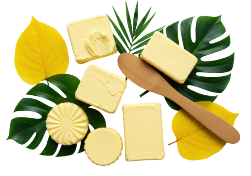Isolated Assortment of Butter Portions with Wooden Spreader and Tropical Leaves