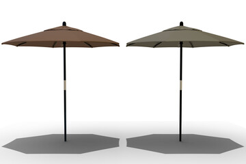 freestanding patio umbrellas, one taupe and one beige.  Umbrellas feature a simple, dark pole and a...