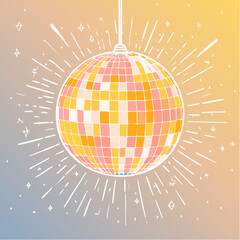 Contemporary minimalist line art illustration of disco ball. Hand drawn decorative element for party. Outline doodle drawing of 70s symbol. Vector graphic