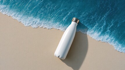 White stainless steel water bottle on sandy beach next to gentle ocean waves creating a serene summer scene
