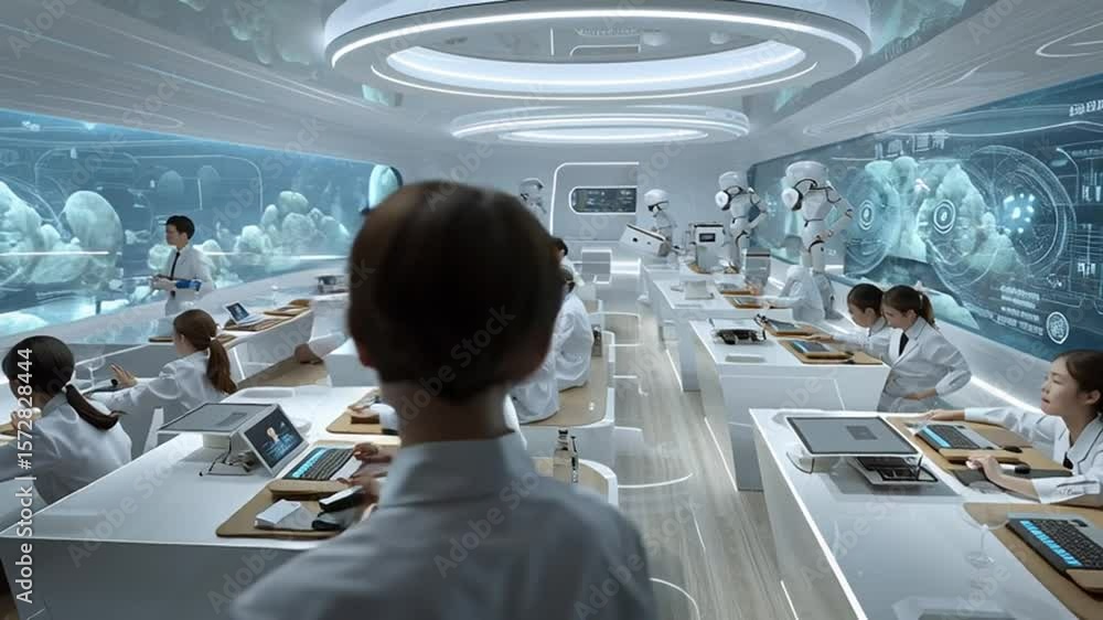 Poster students engage in interactive learning in a futuristic classroom generative ai