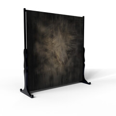 abstract painting on a freestanding display stand. The artwork features muted browns, with a...