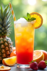 Iced Tropical Fruit Punch with Orange and Strawberry Garnish