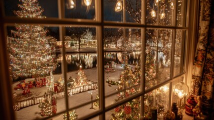 Frosted window framing a warmly lit Christmas tree with colorful lights in a cozy indoor setting.