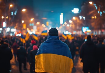 Unity of Hope: The Power of People Uniting Under the Ukrainian Flag in a Nightly Demonstration for Freedom and Change. political activism, anti-war protests, in support of Ukraine