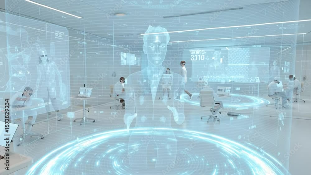 Poster futuristic classroom with holograms and students engaged in learning generative ai