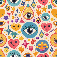 Seamless vector pattern in y2k comic style. Abstract geometric shapes, eyes, positive emoji, stickers and patches on background. Funky groovy graphic for wallpaper, wrapping paper, textile and design