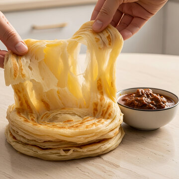 Flaky Malabar Parotta Layers &ndash; Pull-Apart Texture with Curry Dip (South Indian Stock Photo)