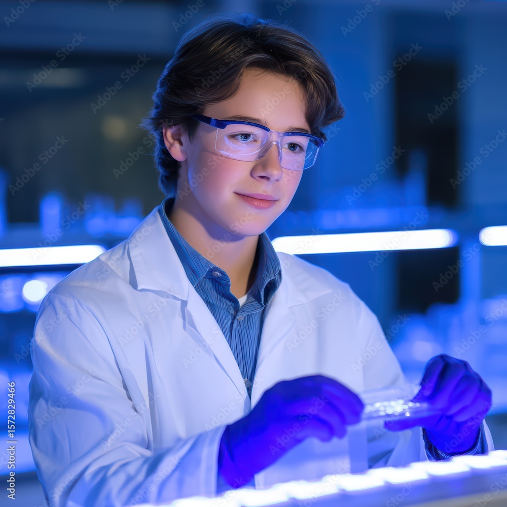 Poster young scientist conducting experiment in laboratory with test tube and microscope under artificial l