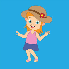 Happy Girl in Summer Hat with Open Arms