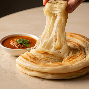 Flaky Malabar Parotta Layers &ndash; Pull-Apart Texture with Curry Dip (South Indian Stock Photo)