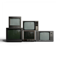 A stack of five vintage televisions, varying in size and shape, displaying dark. Their muted grey...