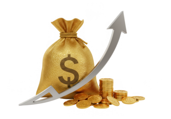 A golden money bag and coins are displayed with an upward trending arrow, symbolizing financial growth isolated on transparent background