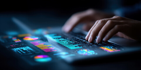 Marketing analysis of customer behavior data. Graphs of statistical web analytics and predictive financial analytics on dashboard. Analyst using laptop computer to analyze data.
