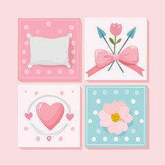 Set of pastel colored coquette style posters with flower, heart pillow, bow and arrow. Cute vintage accessories on pink background. Romantic girly prints. Vector illustrations