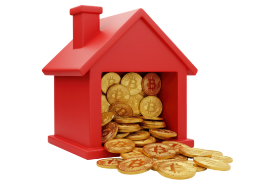 Isolated Red Toy House Overflowing with Shiny Bitcoin Coins