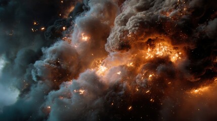 Naklejka premium Explosive fire eruption in urban area dramatic visuals cinematic environment aerial viewpoint chaos concept