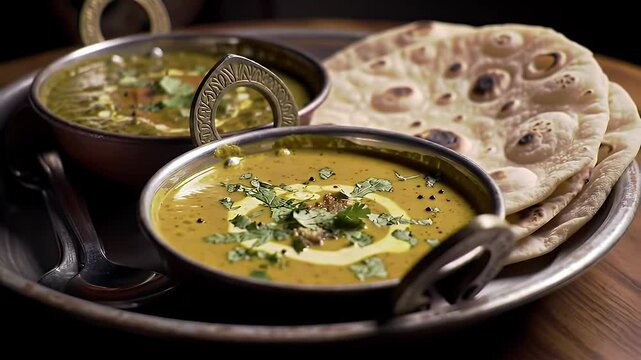 Two Bowls of Indian Food with Curry and Flatbread on a Metal Tray in a Warm Light