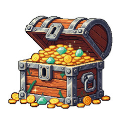 Pixel Art Open Treasure Chest Overflowing with Gold Coins and Emeralds - Game Sprite