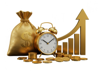 A golden money bag, clock, and rising graph symbolize time and investment for financial growth isolated on transparent background
