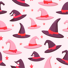 Seamless vector pattern with hand drawn witch hat with red bow. Pink magic cap background. Coquette halloween texture for wallpaper, wrapping paper, textile