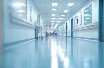 Fototapeta premium A Serene and Spacious Hospital Corridor Featuring Sleek Floors and Minimalist Décor, Ideal for Patient Navigation and Efficient Healthcare Delivery