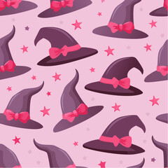 Seamless vector pattern with hand drawn witch hat with red bow. Pink magic cap background. Coquette halloween texture for wallpaper, wrapping paper, textile