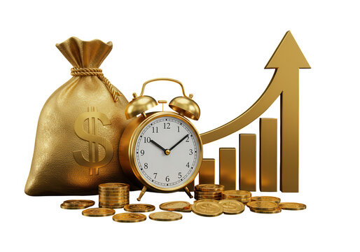 A golden money bag, clock, and rising graph symbolize time and investment for financial growth isolated on transparent background