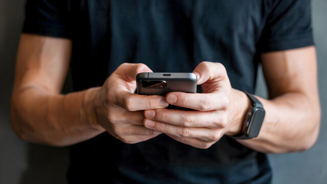 Man using smartphone for texting and browsing, wearing a black smartwatch, close-up shot showing the hands and device in a lifestyle tech gadget scene against a gray wall.