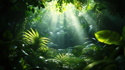 Obraz premium Sunlight filters through dense tropical foliage, illuminating lush green plants in a vibrant, serene rainforest environment.