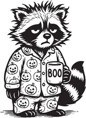tired halloween raccoon with cup of coffee © Daria