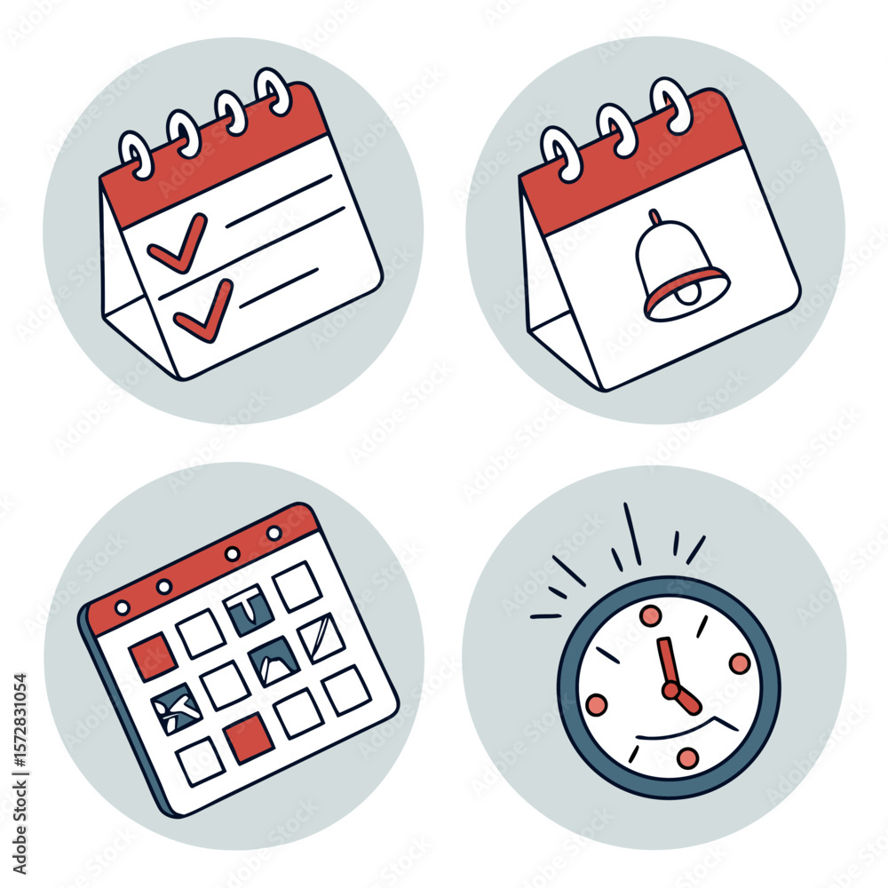 Poster four circular icons displaying calendar reminders and a clock against a light gray background color
