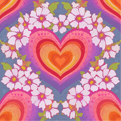 Seamless vector pattern with abstract heart wrapped with bindweed flowers. Psychedelic background with symbol of love. Naive art, groovy design. Trippy creeper outline texture