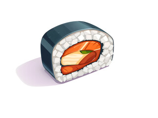 Salmon sushi roll with dark seaweed wrap and white rice in cartoon vector style. Generative AI
