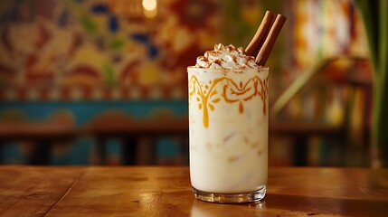 A creamy horchata with cinnamon sticks, with a Mexican-themed backdrop and space for text