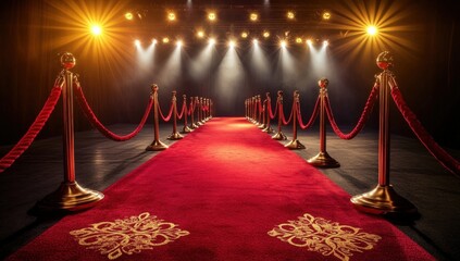 A luxurious red carpet event setup with velvet ropes and bright spotlights creating a glamorous atmosphere.